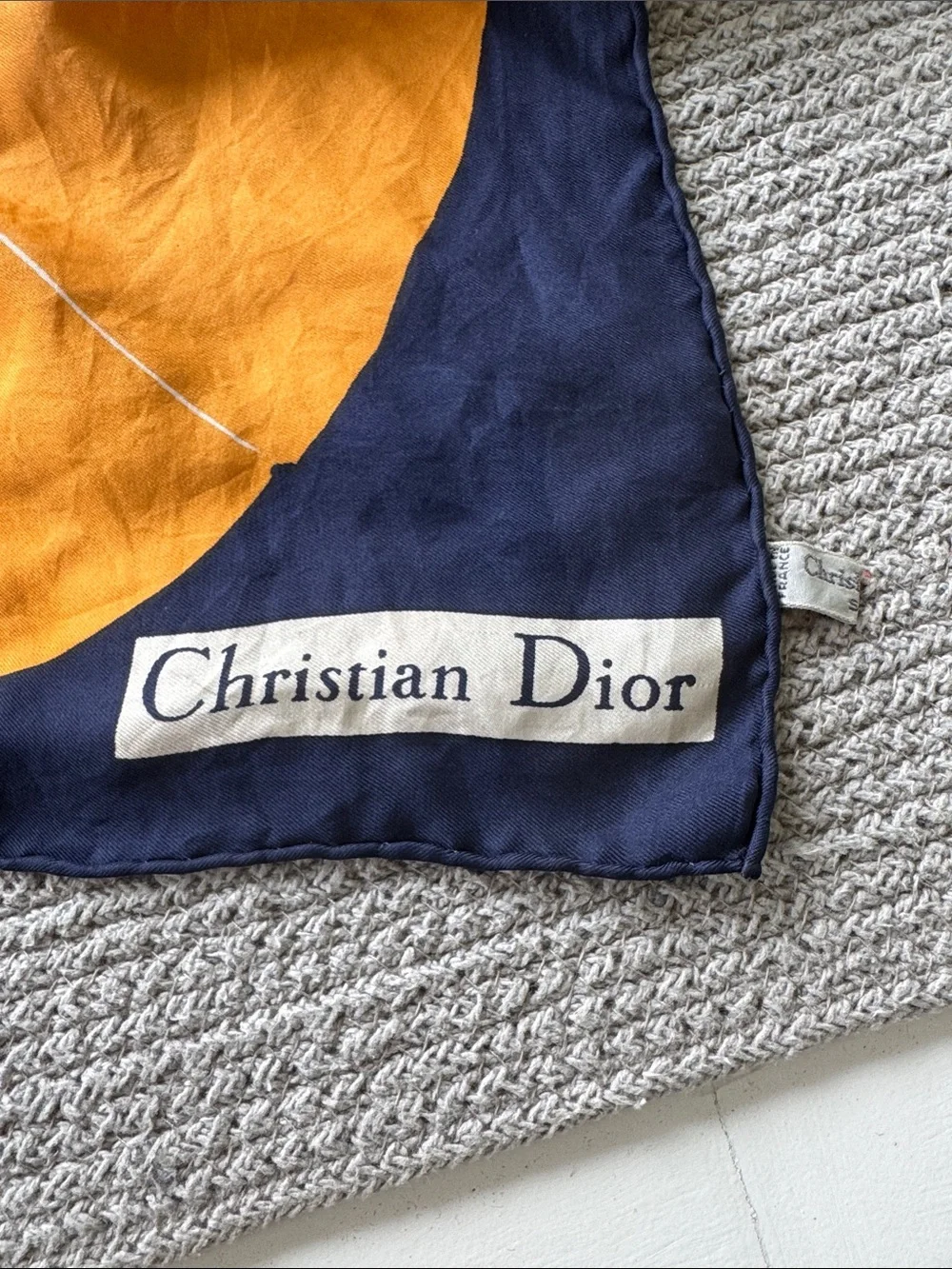 Christian Dior Orange White Navy Blue Polka Dot Silk Scarf 30” Sq